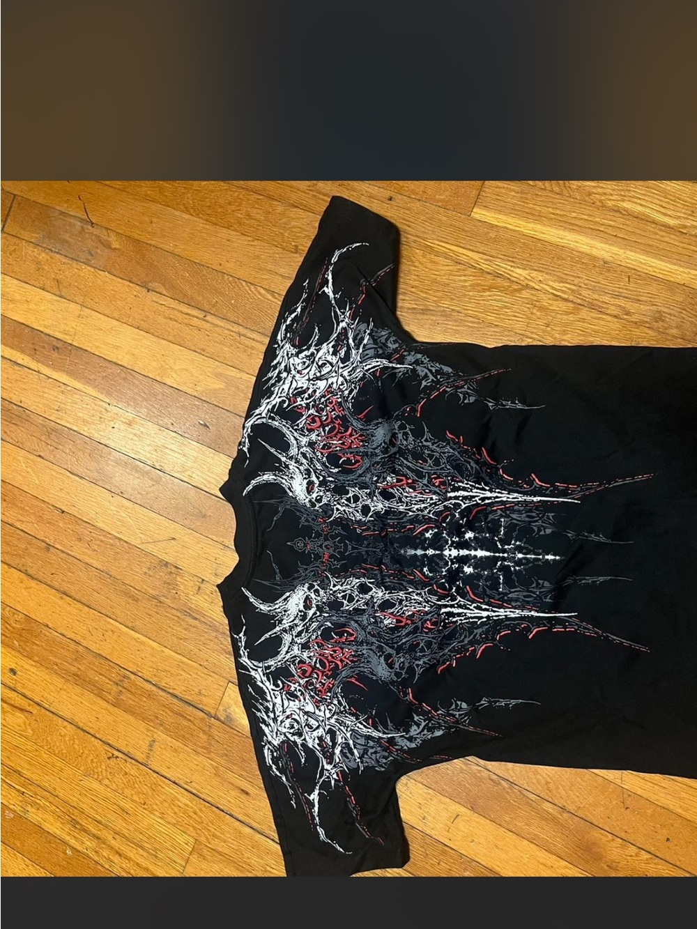 Black Graphic Short-Sleeve Men's Shirt with Abstract Red & White Design